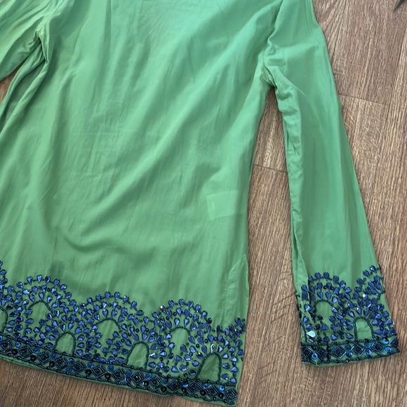 TORY BURCH TUNIC BEADED GEMS SEQUINED GREEN SAPPHIRE BLUE 2 LONG SLEEVE SHIRT SF - Picture 11 of 16